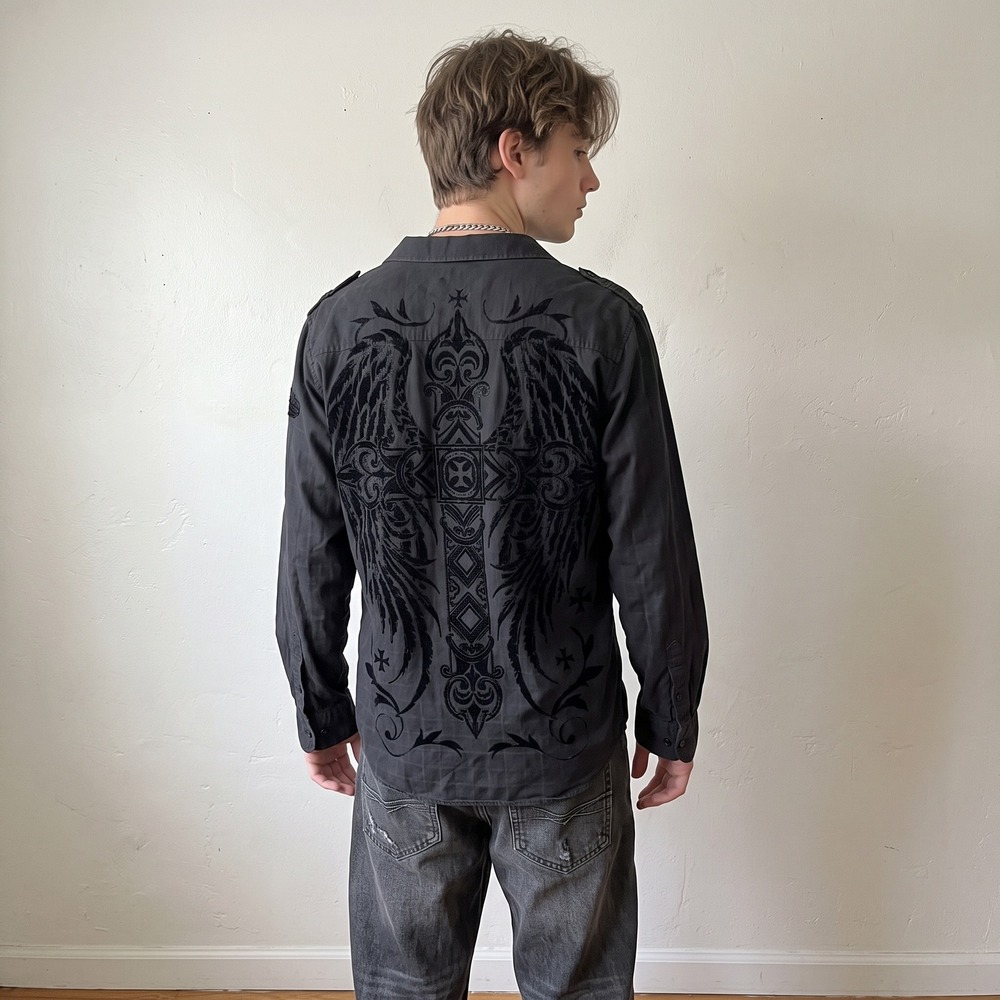 Y2K Vintage Raw State Mens Shirt Large Black Embroidered Gothic Cross Wings